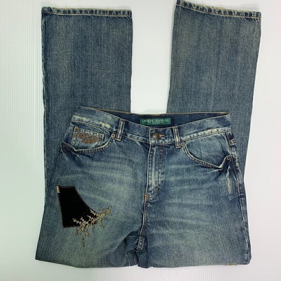 Ralph Lauren Jeans 4P Petite Patched Distressed Fade Denim Boho NWT - Picture 2 of 10